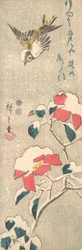 Sparv och snötäckt Camellia Tsubaki, ca. 1845., ca. 1845.