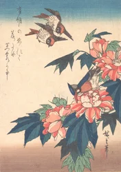 Svalor och kungsfiskare med rosenmalva, ca. 1838., ca. 1838.