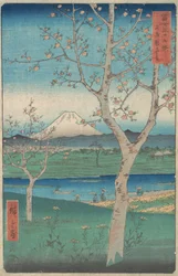 Utsikt över berget Fuji från Koshigaya, provinsen Musashi Musashi, Kos..., 4:e månaden, hästår 1858.