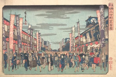 Utsikt över Kabuki-teatrarna i Sakai-cho på invigningsdagen för den nya säsongen Sakai-cho S..., ca. 1838.