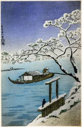 Geografi. Japan. Flod på vintern. Träsnitt av Hiroshige i: Femtiotre stationer på Tokaido (1833-1834). Vykort, Japan, ca 1900 (vykort)
