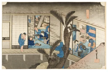 Akasaka: Värdshus med tjänande pigor från serien The Fifty-three Stations of the Tokaido, ca 1831-1834 (träsnitt på papper)