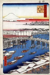 ""One Hundred Famous Views of Edo""(nuvarande Tokyo): Nihonbashi eller Nihombashi Bridge, rensat efter snöfall. Utsikt över staden Tokyo i Japan med berget Fuji i bakgrunden. (Klarväder efter snö vid Nihon Bridge (Hundra berömda vyer av Edo).