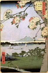 ""One Hundred Famous Views of Edo"" (Dagens Tokyo): Massaki och Suijin Woods på stranden av Sumidafloden bakom grenar av körsbärsträd. Utsikt över staden Tokyo i Japan. (Massaki och Suijin-lunden vid Sumidafloden (Hundra berömda vyer av E