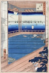 Japanskt tryck: Moonlight. Serie hundra berömda vyer av Edo. (Månsken. Hundra berömda vyer av Edo). Verk av Utagawa Hiroshige (1797-1858), träsnitt