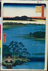 Japanskt trätryck: The Benten Shrine on the Coasts of Lake Inokashira (Tokyo, Japan) Series hundra berömda vyer av Edo (Benten Shrine at the Inokashira Pond, Hundred Famous Views of Edo) - Verk av Utagawa Hiroshige (1797-1858) , träsnitt (39x26 cm