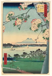 Skogen av Suijin Shrine och Masaki vid Sumidafloden, 1856, 8:e månaden