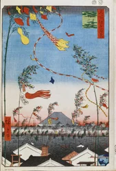 Prosperity Through the City under Tanabata-festivalen (Etthundra berömda vyer av Edo) (Tokyo, Japan) - Verk av Utagawa Hiroshige (1797-1858), japanskt tryck (39x26 cm), cirka 1858 - Prosperity Through the City under Tanabata-festivalen (Ett hundra