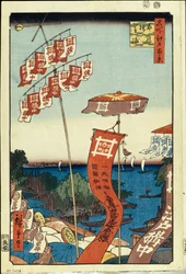 Le pont Kanasugi et Shibaura (cent vues celebres de Edo) - Oeuvre de Utagawa Hiroshige (1797-1858), estampe japonaise, vers 1858 - (Kanasugi Bridge och Shibaura - (Etthundra berömda vyer av Edo), Färgträsnitt av Utagawa ca 1858) Statseremit