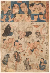 Träningsrörelser för sumobrottare. Tryck av Utagawa Hiroshige (1797-1858)