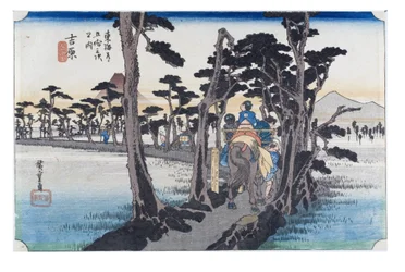 Nr 15 Yoshiwara - Fujiberget till vänster, Edo-perioden, ca 1833-34 (träsnitt på papper)
