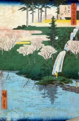 Hundra berömda vyer av Edo; utsikt över Chiyo a Meguro damm. Japanskt tryck av Utagawa Hiroshige (1797-1858) 1800-talet. Privat samling