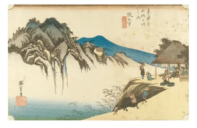 Saka no shita: Vy över berget Fudesute från serien The Fifty-three Stations of the Tokaido, ca 1831-1834 (träsnitt på papper)