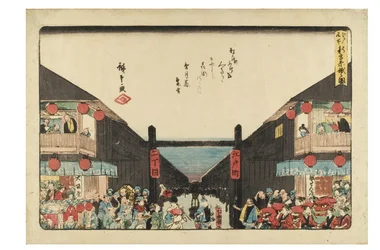 Shin Yoshiwara Niwaka Festival från serien Famous Places in Edo, ca 1840-1844 (träsnitt på papper)