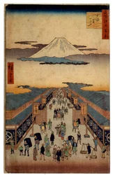 Suruga Street. En del av serien: Tokaidos 53 reläer. Japanskt tryck av Utagawa Hiroshige (1797-1858). Coll. Avvika.
