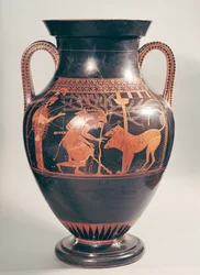 Attisk rödfigurig bukamfora som visar Herakles fånga Kerberos, grekisk, från Aten, 500-talet f.Kr.