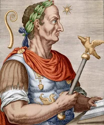 Julius Caesar, från "True Portraits and Lives of Illustrious Men" (färgad gravyr)