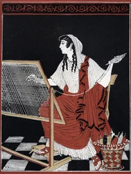 Homeros Odysséen: Penelope, som ständigt repar upp och väver om sin gobeläng på vävstolen medan hon väntar på Odysseus återkomst. Illustration av André Bonamy (1880-1943) i «Odysseus återkomst» av Jean Baptiste Coissac