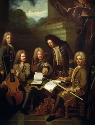 Kompositören Michel de la Barre som regisserar Marin Marais och flöjtisterna i Chamber of King
