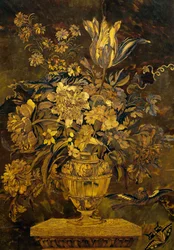 Marquetry inläggning på ebenholts skåpdörr, av Andre-Charles Boulle (1642-1732), Frankrike