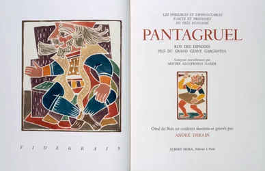 Titelsida till "Les horribles et espouvantables faictz et prouesses du tres renomme Pantagruel, Roy des Dipsodes, fils du grand geant Gargantua. Compose nouvellement par Maitre Alcofybras Nasier", av Francois Rabelais (ca 1494-1553) 1943 (träsnitt)