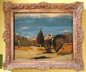 Träd och by, ca 1932 (olja på duk)