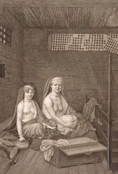 De offentliga dansarna, från volym II kostymer och porträtt av "beskrivning av Egypten", graverade av Jean Baptiste Massard, pub. under order av Napoleon, 1822