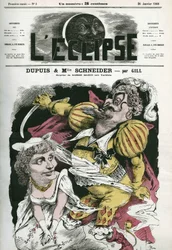 Beard-Bleue, operamat på Offenbachs musik på Varietes-teatern, med Dupuis som "Beard-Bleue" och Hortense Schneider som Boulotte. Omslag i "" L