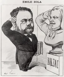 Karikatyr av Emile Zola (1840-1902) Saluting a byst of Honore de Balzac (1799-1850) 1878