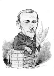 Tecknad av Georges Ohnet (1848-1918), en fransk författare som representerar med sina böcker och penna. Teckning av Andre Gill. Gravyr i "" Le Monde Illustré""