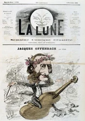Tecknad av Jacques Offenbach (1819 - 1880), ridande på fiol - av Gill i "" La Lune"" från 1866-04-11