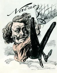 Tecknad film av Felix Nadar, pionjär inom flygbilden 1858, här hängande från hans ballong (gravyr)