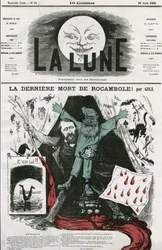 Tecknad film om "La last mort de Rocamole"" och dess författare, Pierre Alexis Ponson du Terrail (1829-1871). Tecknad av Gill, i "The Moon", 26 augusti