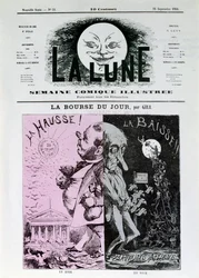 Gills börsstipendium för dagen. I rosa: francens uppgång. I svart: fallande och dåliga aktier. Börserna åker till Belgien. Ett nummer av tidningen „La Lune“ den 16 september