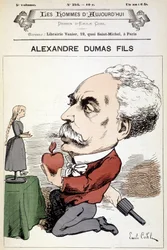 Humoristisk teckning på Alexandre Dumas Fils. Omslag ""Dagens män"", sd. 1800-talet.