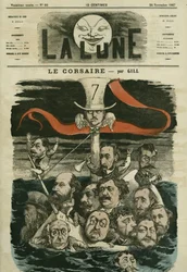 Illustration av tidningen "" Le Corsaire"" och dess kolumnister. Tecknad av Gill, i "La Lune", 24 november