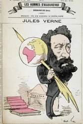 Jules Verne nyper jorden till sin penna - av Gill, i "The men of today""