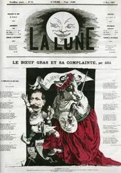 Le Boeuf gras et sa lament, illustration av en sång. Tecknad av Gill, i "La Lune", 3 mars