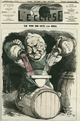 Le vin de 1872, illustration av Adolphe Thiers som blandar vitt och rött vin (1797-1877), fransk historiker och statsman. Omslag i "" L