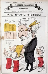 Porträttladdning av Pierre Jules Hetzel som erbjuder Stahls verk (hans pseudonym) till småbarn, ""The Men of Today"", n.d. sent 19:e.