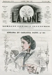 Porträtt av Adelina (1843-1919) och Carlotta Patti (1835-1889), italienska operasångare. Tecknad av Gill, i "Månen", 25 november