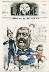 Porträtt av Albert Wolff, Hippolyte de Villemessant (1812-1879) och Henri Rochefort (1831-1913), journalister på Figaro. Tecknad av Gill, i "The Moon", 3 januari