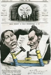 Porträtt av Albert Wolff och Henri Rochefort (1831-1913), fransk journalist och politiker. Tecknad av Gill, i "The Moon", 4 maj
