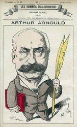 Porträtt av Arthur Arnould (1833-1895), en fransk journalist och politiker, deltog han aktivt i Pariskommunen. Tecknad av Gill, Paris.