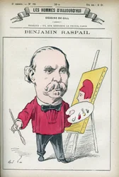 Porträtt av Benjamin Raspail (1823-1899), en fransk målare och politiker som tog initiativ till lagen som gjorde den 14 juli till nationaldag. Karikatyr av Gill, Paris.