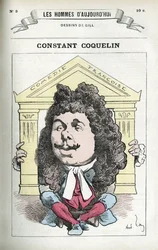 Porträtt av Constant Coquelin (1841-1909), fransk teaterskådespelare. Karikatyr av Gill, Paris.