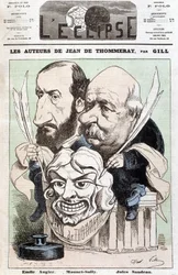 Porträtt av Emile AUGIER (1820-1889) och Jules SANDEAU (1811-1883), författare till pjäsen med titeln "" Jean de Pommeray", med en mask föreställande komikern Mounet-Sullys ansikte (Jean Sully Mounet, Mounet Sully)
