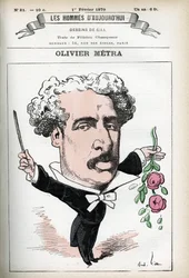Porträtt av Olivier Metra (1830-1889), fransk skådespelare, populär kompositör. Tecknad av Gill, i "Les Homme d