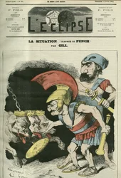 Situationen, tecknad av Adolphe Thiers (1797-1877) och Leon Gambetta (1838-1882) som ger en tjänst till rojalistiska och bonapartistiska hundar. Omslag i "" L