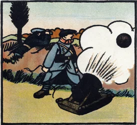 Första världskriget 1914-1918 (14-18): Bombkastare. En fransk soldat skickar bomber mot fienden med en kanon. Gravyr i "Alfabetet från det stora kriget 1914-1916 (för våra soldaters barn)". Editions Berger-Levrault
